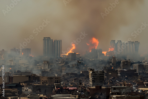 Building on fire. Skyline of a city in flames and smoke because of a war. Burning building gas explosion or city during the war. Big city with burning buildings. Pollution of the city.