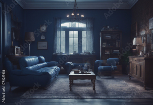Dark blue home interior with old retro furniture hipster style 3d render © ArtisticLens