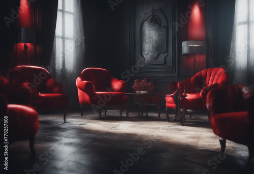 Elegant dark interior with bright red armchairs 3d render © ArtisticLens