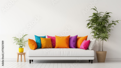 Bright Living Room Setup with Colorful Cushions and Lush Indoor Plants