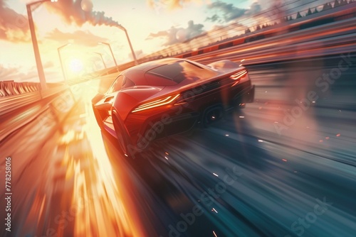 A high-angle cinematic shot of a high-speed car chase on a futuristic test track. Prototype vehicles with gleaming metallic finishes, accentuated by special effects © Martin