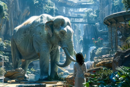 Majestic Elephant and a Child in a Mystical Jungle with Waterfalls and Ancient Ruins, Fantasy World Illustration