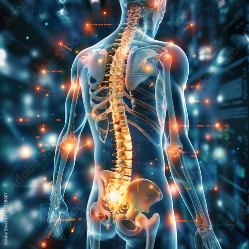 Illustration of human spine anatomy on futuristic background. 