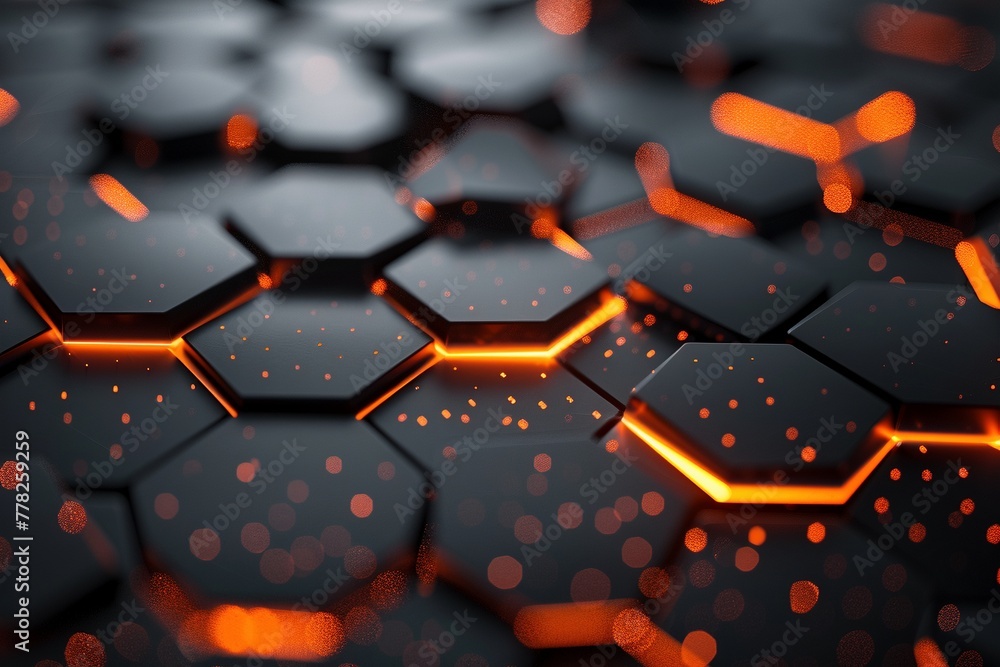 Obraz premium Interlocking gray and orange hexagons form an abstract network, symbolizing modern software engineering