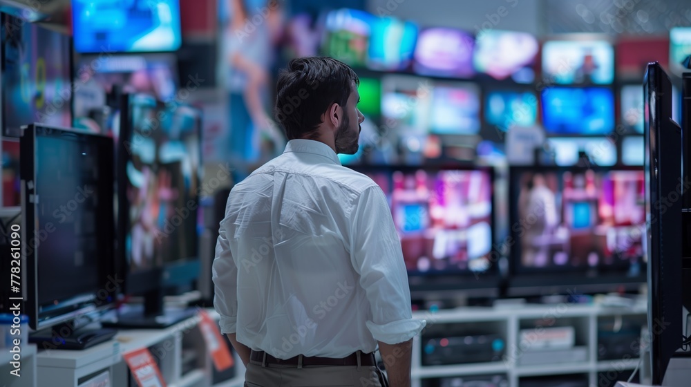 Male costumer looking TVs in Home Electronics Store Male costumer looking TVs in Home Electronics Store