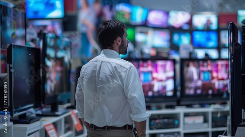 Male costumer looking TVs in Home Electronics Store