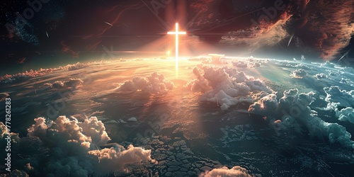 Large bright cross above the earth in the sky, which glows, background, wallpaper. photo