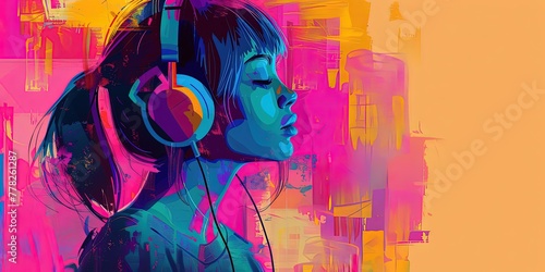 Illustration, girl with headphones listening to her favorite song, music, abstraction, background, wallpaper, creativity.