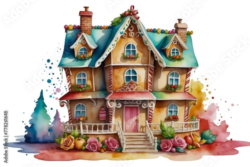 Watercolor colorful christmas gingerbread house on isolated background holiday seasonal concept theme.  © AkosHorvathWorks