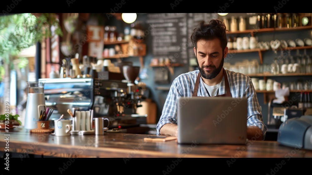 Man working on laptop in coffee shop