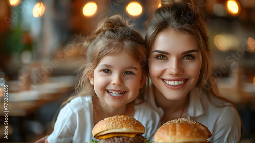 Mother and Daughter Eating Hamburgers