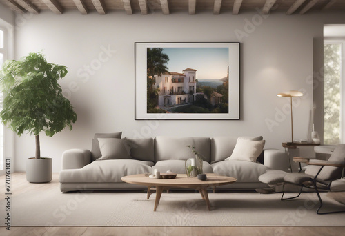 Mockup frame in living room interior of Spanish villa 3d render