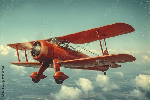 Vintage Airplane Vintage biplane flying against a blue sky