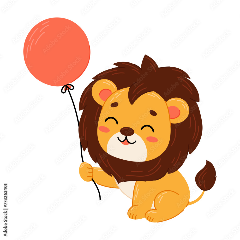 Fototapeta premium Cute smiling lion cub with a ball. Lion in flat style. Funny kids character. Wild animals.