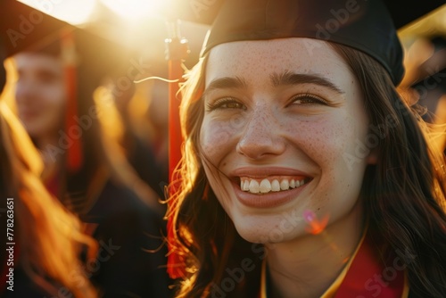 Portrait of beautiful happy girl in graduation attire among jubilant graduates in outdoor setting photo