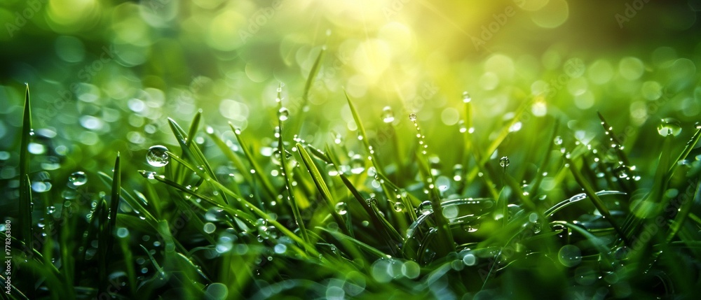 Closeup, photorealistic image of raindrops on green grass, spring showers natural light ,high resulution,clean sharp focus Closeup, photorealistic image of raindrops on green grass, spring showers natural light ,high resulution,clean sharp focus