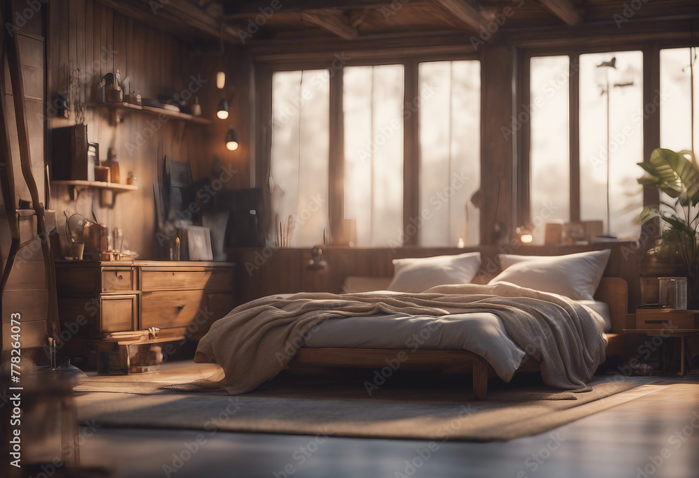 Nomadic style bedroom interior background 3d render Nomadic style bedroom interior background 3d render