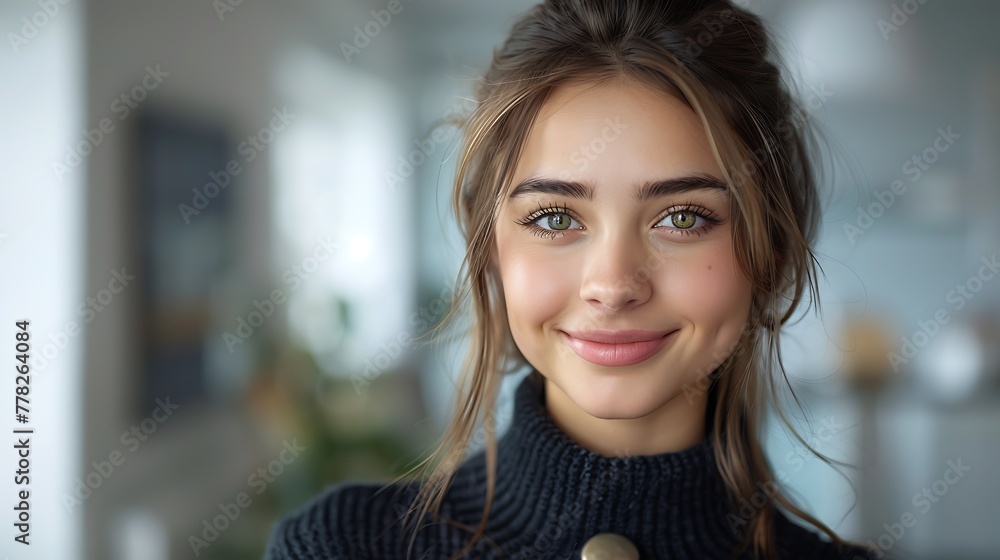 A cheerful young woman with captivating green eyes and a gentle smile wears a cozy turtleneck sweater in a softly lit modern room. 