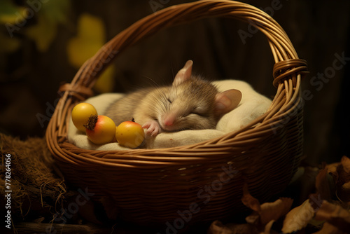 mouse sleeping in a basket, mouse sleeping, basket,  sleeping animal in a basket