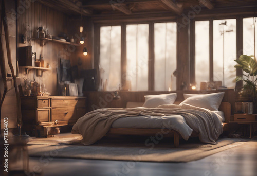 Nomadic style bedroom interior background 3d render