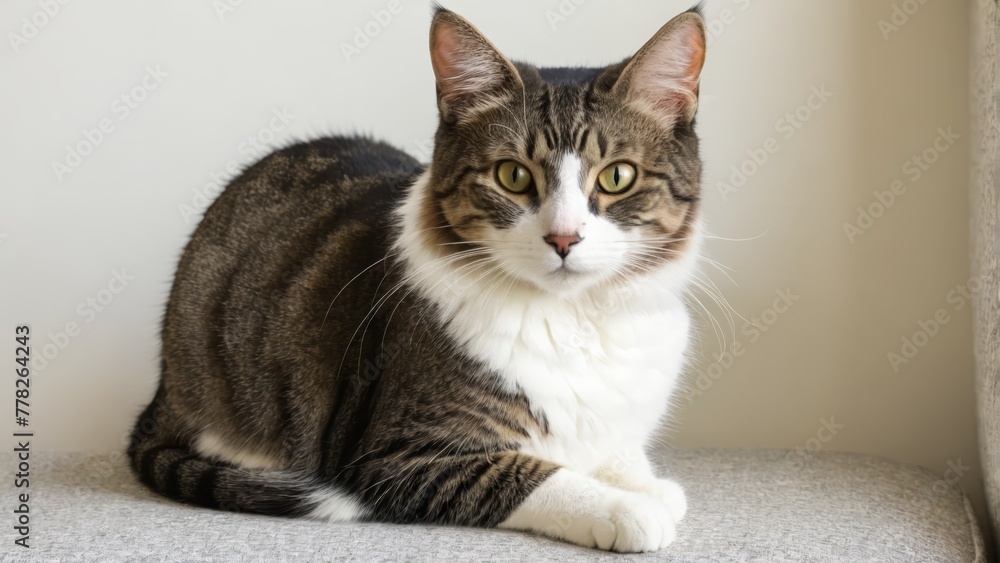 A cat up-close on a couch against a white wall backdrop Behind it, a window A cat up-close on a couch against a white wall backdrop Behind it, a window