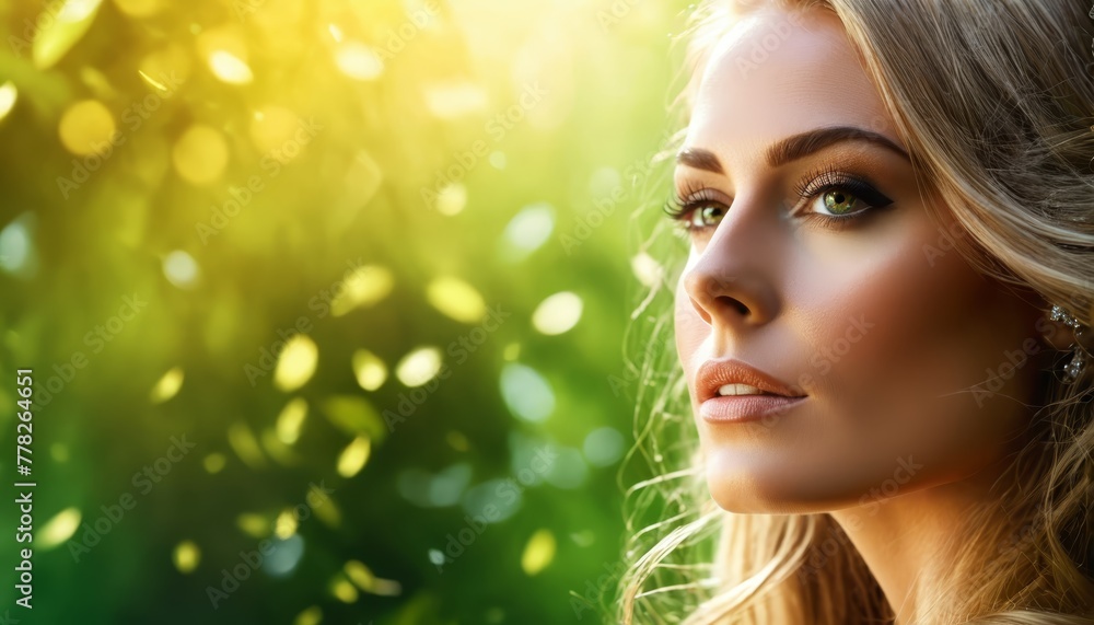A tight shot of a woman's face with long blonde tresses and green eye makeup against a sunlit backdrop A tight shot of a woman's face with long blonde tresses and green eye makeup against a sunlit backdrop