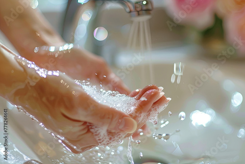 Female hands applying liquid soap close up photo
