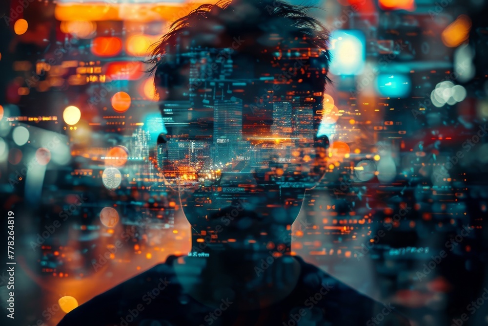 Man Merged with Vibrant Cityscape Digital Interface