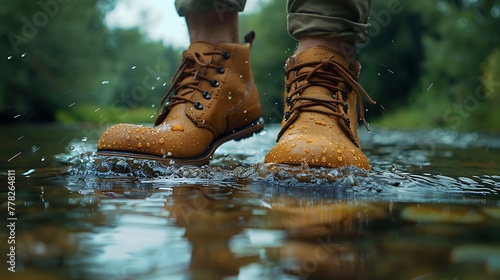 A close-up view of waterproof boots stepping into a water puddle amidst nature, showcasing adventure and durability.  photo