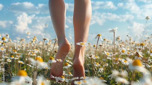 A person walking barefoot through a field of daisies under a blue sky  photo