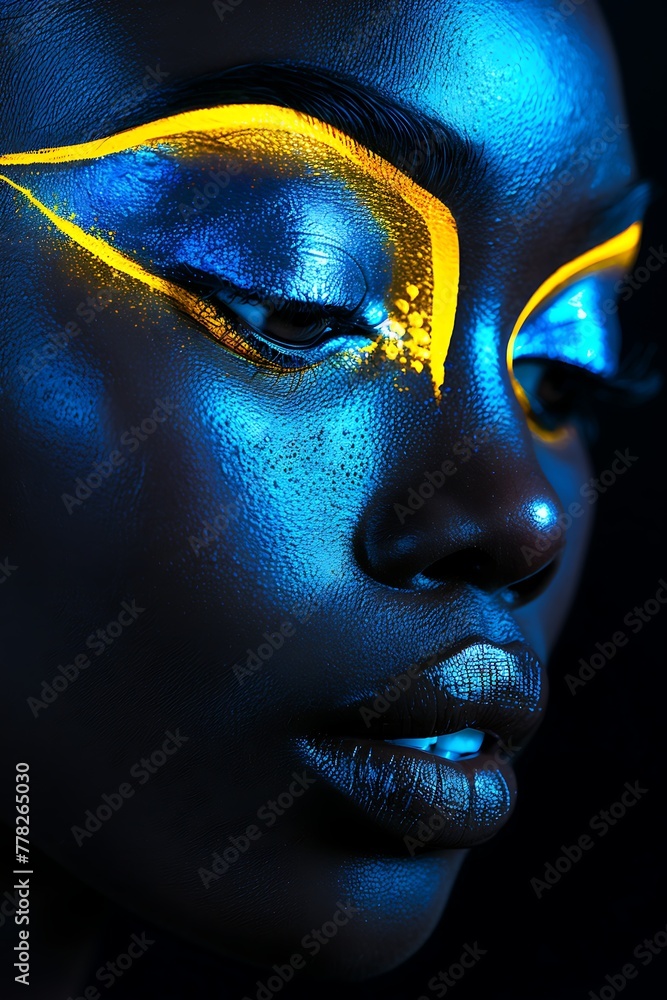A close-up portrait of a woman with vibrant blue and yellow makeup capturing a futuristic aesthetic under dramatic lighting 