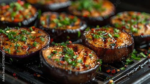 Grilled eggplant slices seasoned with herbs and spices presented appealingly on a grill pan.  photo