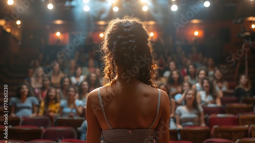 A confident woman standing on stage facing an attentive audience in a theater setting. 