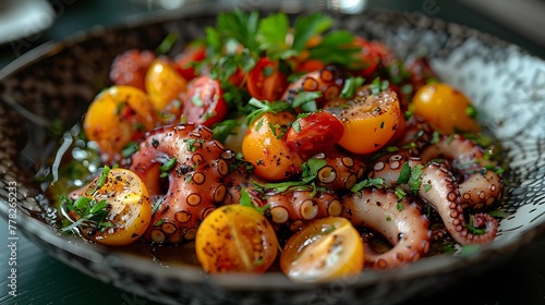 A vibrant dish of octopus and cherry tomatoes garnished with herbs served on an artistic plate. 
