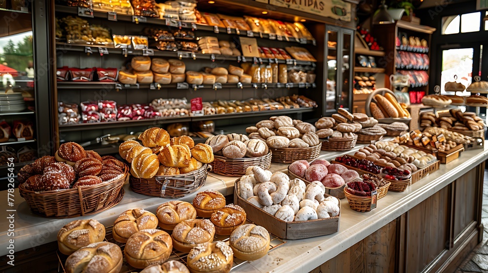An assortment of freshly baked bread and pastries displayed in a rustic bakery setting 