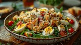 A fresh salad with grilled chicken, boiled eggs, tomatoes, and greens served in a decorative bowl on a wooden table. 