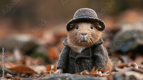 A cute guinea pig dressed in a tiny hat and coat stands amidst autumn leaves, exuding a whimsical charm and serenity. 