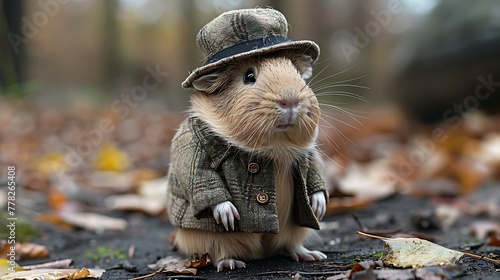 An adorable guinea pig dressed in a tiny tweed hat and jacket poses on a forest floor covered with autumn leaves. 