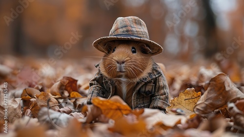 A cute, dressed-up guinea pig with a plaid hat and jacket sits among autumn leaves, creating a whimsical and adorable scene perfect for seasonal themes. 