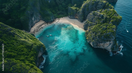 A breathtaking aerial view of a secluded beach cove with crystal-clear waters surrounded by lush greenery and towering cliffs. 