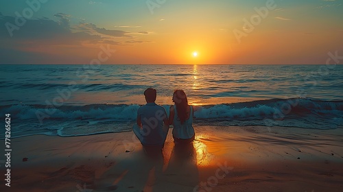 A romantic couple sits on the beach enjoying a stunning sunset over the ocean horizon. 