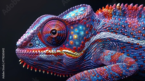A vividly colorful chameleon crafted with intricate patterns sits against a dark background.  © Munali