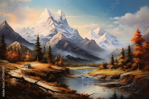 Painting of a mountain, mountain painting, painted mountain landscape