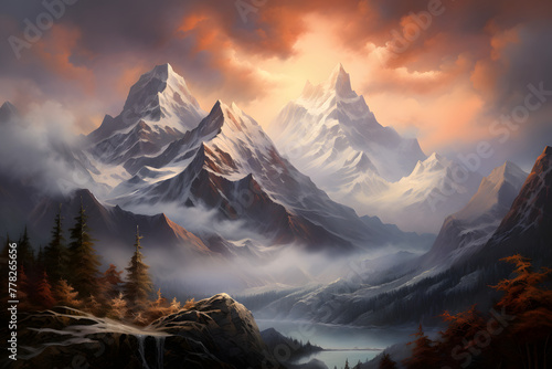 Painting of a mountain, mountain painting, painted mountain landscape