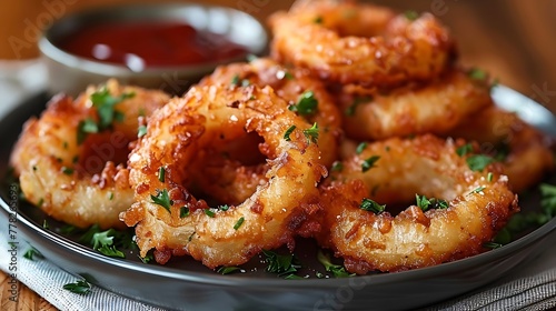 Crispy golden fried onion rings garnished with parsley, served on a dark plate with dipping sauce in the background for a delicious appetizer concept. 