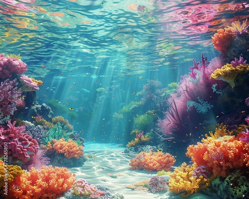 Photorealistic image of a coral reef under clear water  vibrant colors  natural lighting  high resulution clean sharp focus
