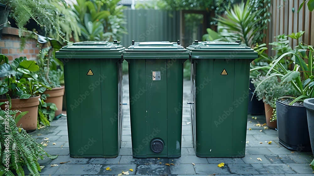 Three green garbage bins with recycling symbols placed in a cozy garden