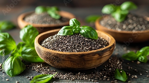 Three wooden bowls filled with chia seeds, garnished with fresh basil leaves on a rustic tabletop 