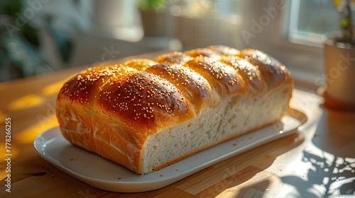 Golden-baked bread on a plate with sunlight casting a warm glow on the table surface, perfect for a cozy breakfast scene. 