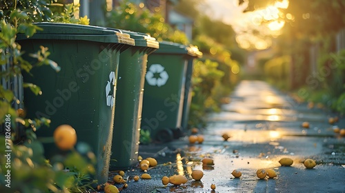 A picturesque suburban street at sunset with overflowing green garbage bins and scattered oranges on the pavement.